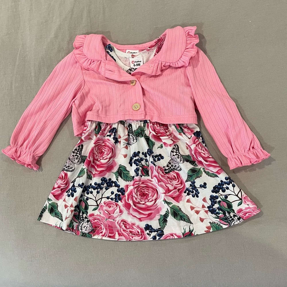 PatPat Pink Floral Casual Kids Dress with pink sweater